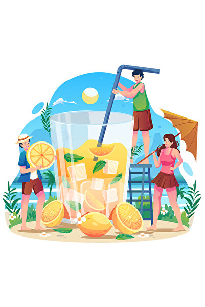 StoryGift Romania Sticker Autocolant 70CM Cu Limonada, Vara, Plaja, Umbrela, Pai, Gheta, cu Margini Albe, PVC V