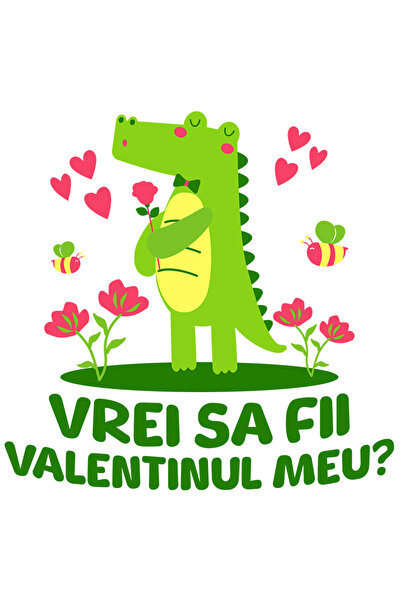StoryGift Romania Sticker Autocolant 70CM cu Crocodil Romantic Cu Trandafir Roz Si Papion Text Vrei Sa Fii Valen