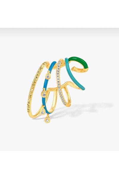 Lilyum Aksesuar Mavi Yeşil Mineli ve Zirkon Taşlı Charmlı Sallantılı Earcuff Kıkırdak Küpe