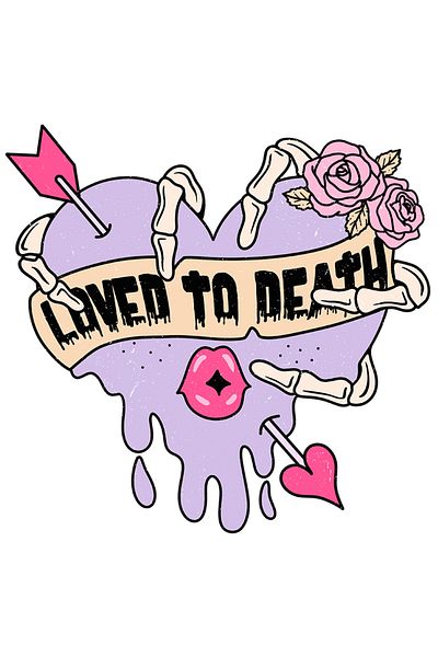StoryGift Romania Sticker Eticheta 50CM cu mesajul "Loved to Death", iubit pana la moarte, inima mov, sageata, m
