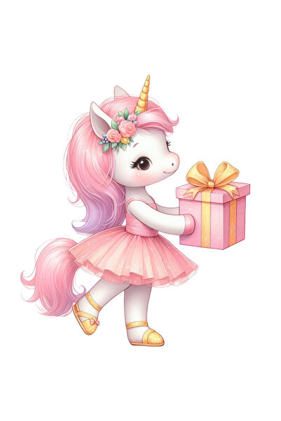 StoryGift Romania Sticker Autocolant 70CM cu un unicorn care tine un cadou, i...