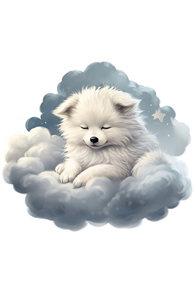 StoryGift Romania Sticker Cu Un Catel Alb Care Doarme, Ilustratie, Somn, Nori...