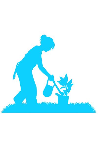 StoryGift Romania Sticker Autocolant 70CM Exterior cu o gospodina care are grija de o planta , Vinyl Albastru, 70 cm