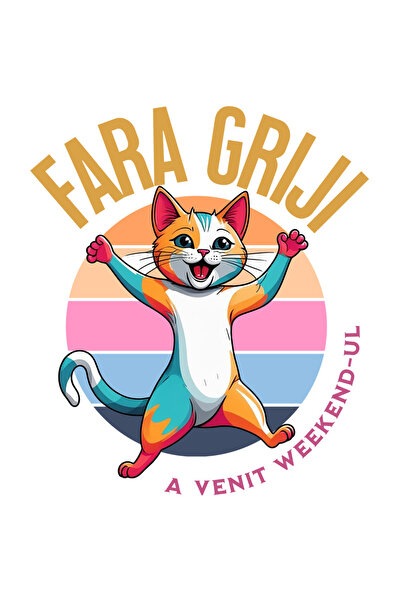 StoryGift Romania Sticker Cu Pisica Colorata Vesela Text Fara Griji A Venit Weekend-ul, Animal Blanos Cu Mar