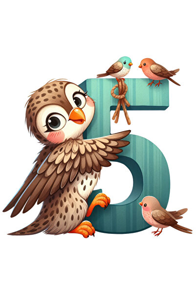 StoryGift Romania Sticker Eticheta 40CM cu o bufnita cu cifra 5, ilustratie, ...