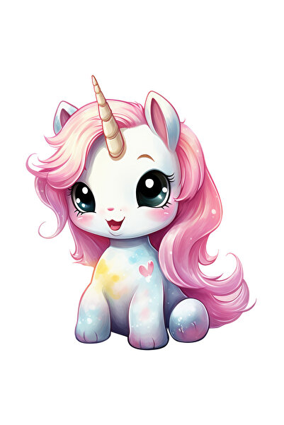 StoryGift Romania Sticker Eticheta 40CM cu un unicorn vesel, ilustratie, coama lunga, roz, fericire, micut, pent