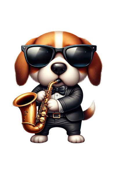 StoryGift Romania Sticker Eticheta 50CM cu un catel care canta la saxofon, il...