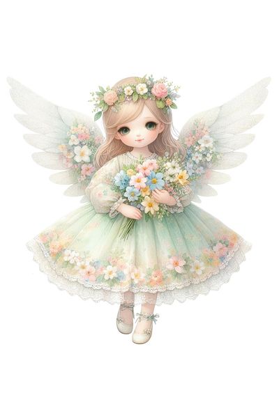 StoryGift Romania Sticker Autocolant 70CM cu o fetita cu aripi de ingeras, ilustratie, floricele, buchet, rochie