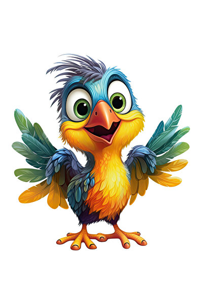 StoryGift Romania Sticker Autocolant 70CM cu o pasare vesela, ilustratie, pene divers colorate, jucausa, pentru