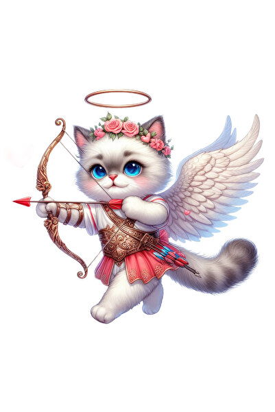 StoryGift Romania Sticker Adeziv 90CM cu o pisicuta Cupidon, ilustratie, coronita din flori, aripi, trage cu arc