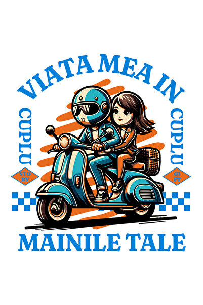 StoryGift Romania Sticker Autocolant 70CM cu Cuplu Romantic Pe Scuter Albastru Picnic Valentine's Day Text Viata