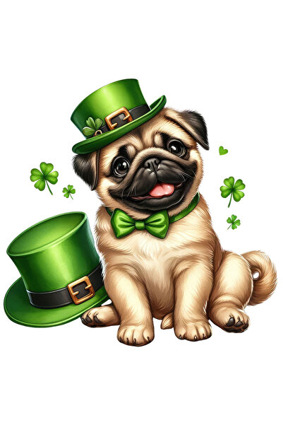 StoryGift Romania Sticker Autocolant 70CM cu un catelus Pug fericit, ilustratie, poarta o palarie verde, trifoi