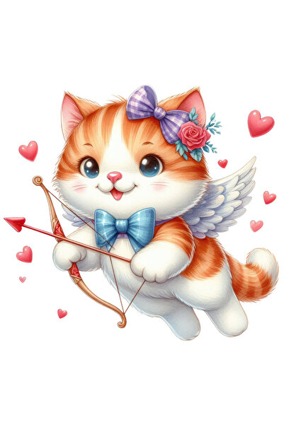 StoryGift Romania Sticker Adeziv 90CM cu o pisicuta Cupidon care trage cu arcul, ilustratie, inimioare, funda, t