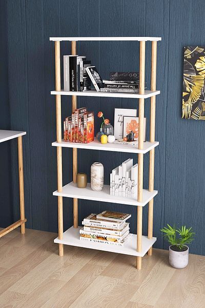 interGO Modern Bookcase With 5 Shelves - Freestanding Storage Shelving Unit for Home or Office - White