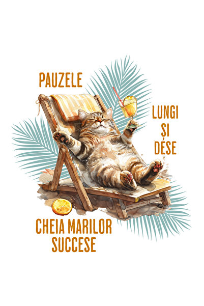 StoryGift Romania Sticker Autocolant 70CM Adeziv Pisica pe sezlong, text pauzele lungi si dese cu Margini Albe,
