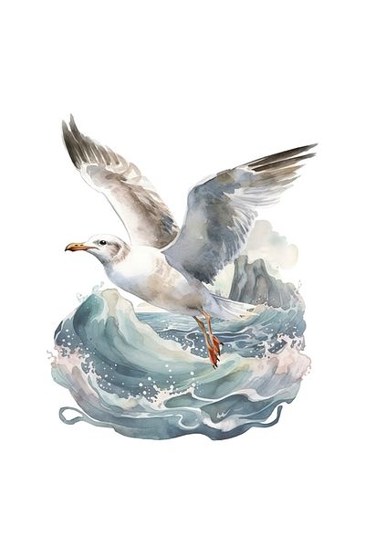 StoryGift Romania Sticker Adeziv 90CM Cu Pescarus, Apa, Mare, Valuri, Pasare, cu Margini Albe, PVC Vinyl 90 cm