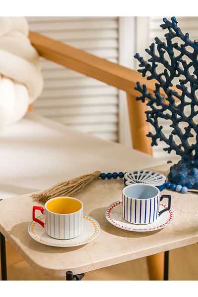 LC Waikiki Lcw Home Mixed Line Patterned Porcelain Coffee Cup Set for 2 Persons 90 ml