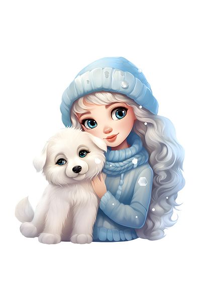 StoryGift Romania Sticker Adeziv 90CM cu o fata draguta cu parul alb, fes, imbracata gros, ninge, are un catel b