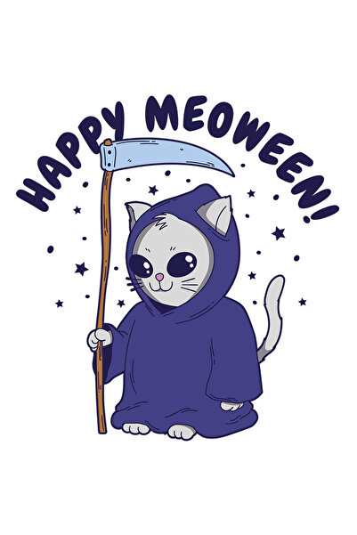 StoryGift Romania Sticker Eticheta 50CM Cu Mesaj Happy Meoween, Pisica, Coasa, Stele, Costum, cu Margini Albe,