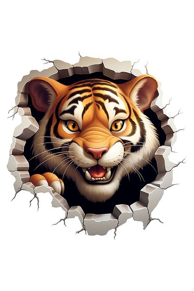 StoryGift Romania Sticker 70CM with an angry tiger, sticking its head out of the wall, illustration, evil look
