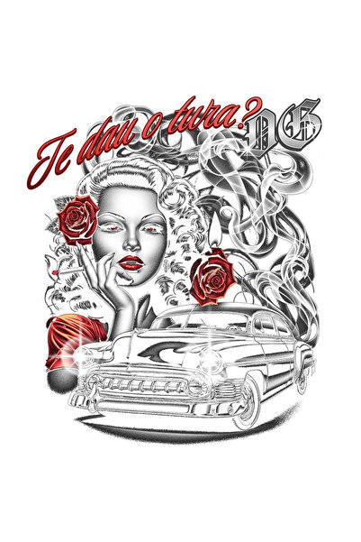 StoryGift Romania Sticker Autocolant 70CM Adeziv Fata Old School Cu Masina Vintige Text Te Dau O Tura cu Margini