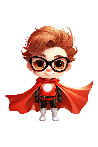 StoryGift Romania Sticker Eticheta 40CM cu un baiat cu pelerina rosie, ilustratie, costum de erou, ochelari, toc