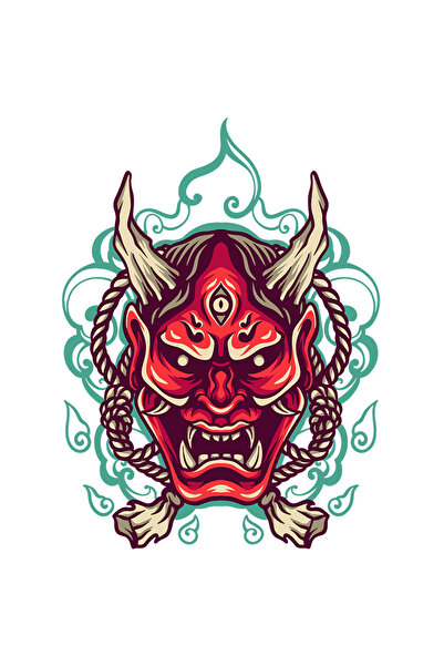 StoryGift Romania Sticker Eticheta 50CM Cu Masca Demon, Oni, Ochi, Flacari, Funie, Asiatic, cu Margini Albe, PV