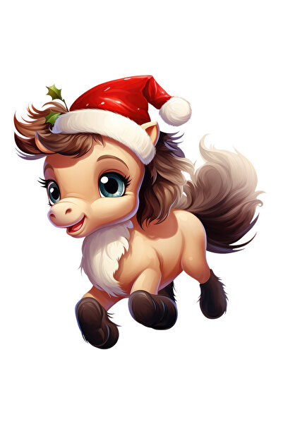 StoryGift Romania Sticker Autocolant 70CM cu un ponei cu caciula de Craciun, ilustratie, sarbatoare, iarna, frig