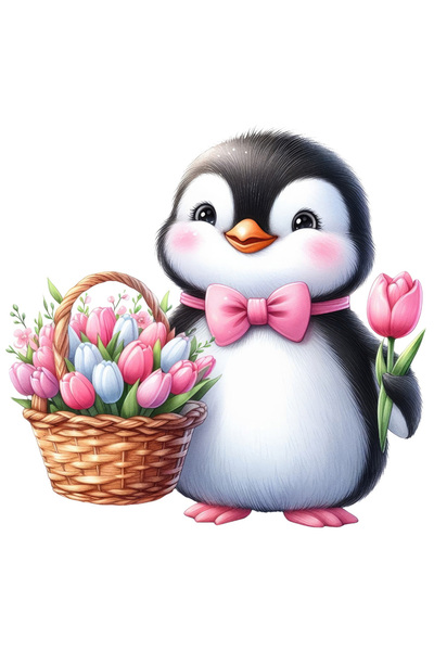 StoryGift Romania Sticker Eticheta 50CM cu un pinguin vesel care tine un cosu...