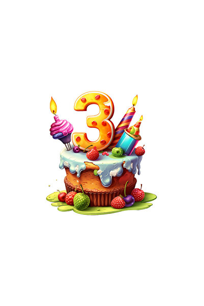 StoryGift Romania Sticker Autocolant 70CM cu tort cu cifra 3, trei ani, ilust...