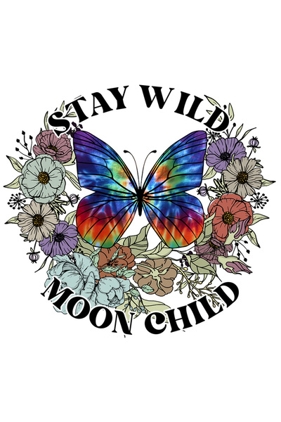 StoryGift Romania Sticker Eticheta 40CM cu fluture multicolor inconjurat de flori cu mesajul "Stay Wild, Moon Ch