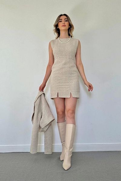 nedo7 Beige Buttoned Jacket and Dress Set