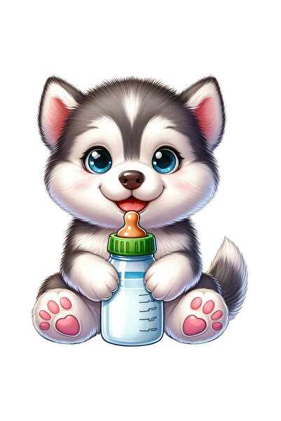 StoryGift Romania Sticker Adeziv 90CM cu un catelus Husky care tine un bibero...