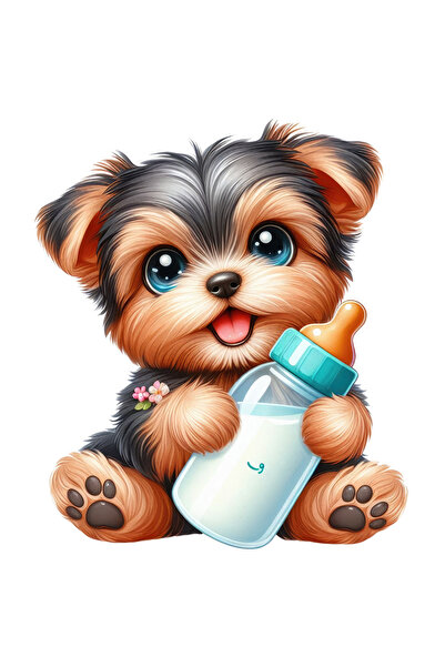 StoryGift Romania Sticker Eticheta 40CM cu un catel vesel blanos care tine un biberon cu lapte, de talie mica, f