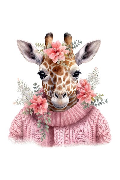 StoryGift Romania Sticker Eticheta 50CM cu o girafa imbracata gros, lana, floricele, roz, frig, iarna, ger cumpl