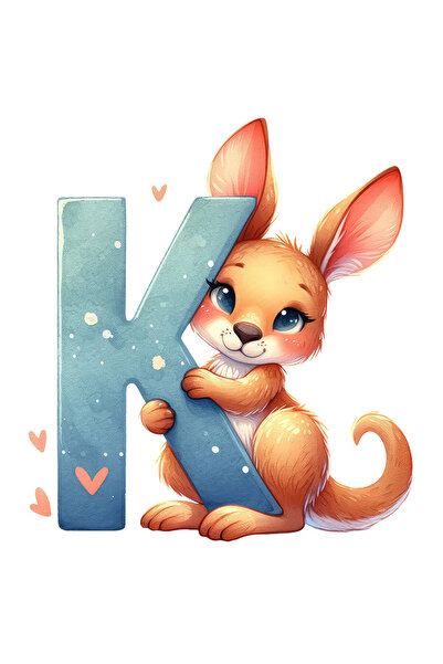 StoryGift Romania Sticker Eticheta 40CM cu un cangur cu litera "K", ilustratie, pentru copii, scoala, elev, abec