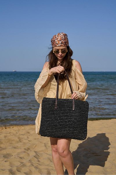 Tina İstanbul Oversize Hand Knitted Straw Bag Black