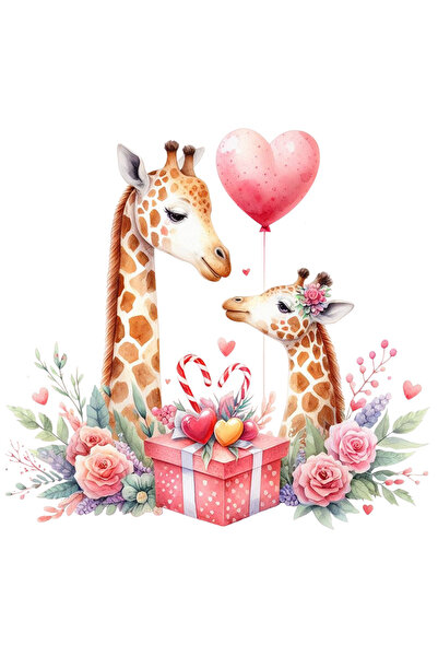 StoryGift Romania Sticker Cu 2 Girafe, Ilustratie, Balon, Inimioare, Iubire, ...