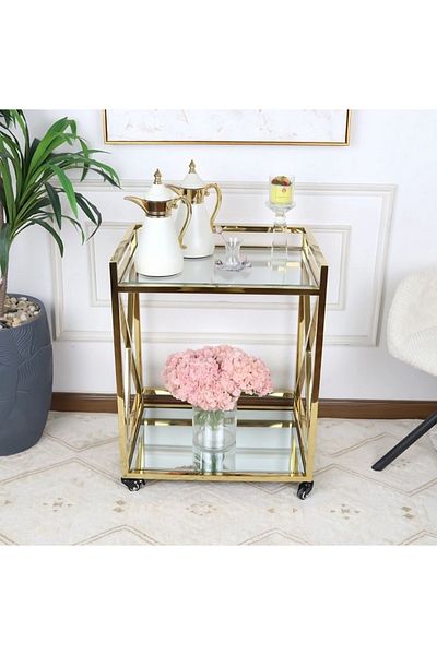 private house Taiwanese gold steel glass tea cart