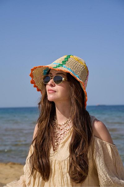 Tina İstanbul Hand Knitted Colorful Hat Beige Orange