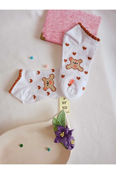 ENEFENDİ 2 Pairs of Booties Seamless Socks Soft Cotton Short Booties Patterned Women's Socks 36-40 Brown White