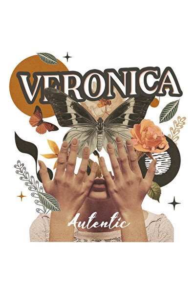 StoryGift Romania Sticker Eticheta 40CM Cu Numele Veronica, Colaj Fata, Fluture, Flori, Cerc cu Margini Albe, PV