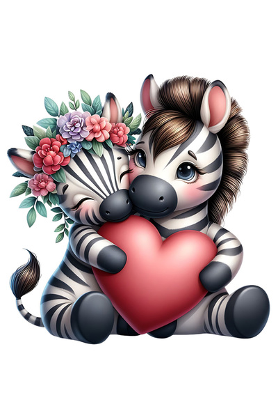 StoryGift Romania Sticker Eticheta 40CM cu 2 zebre care se imbratiseaza si tin o inima, ilustratie, coronita din