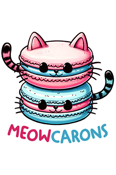 StoryGift Romania Sticker Eticheta 40CM cu 2 burgeri sub forma de pisici cu mesajul "Meowcarons", ilustratie, am