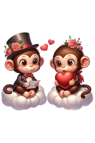 StoryGift Romania Sticker Autocolant 70CM cu 2 maimute care stau pe norisori, ilustratie, flori, inimioare, scri