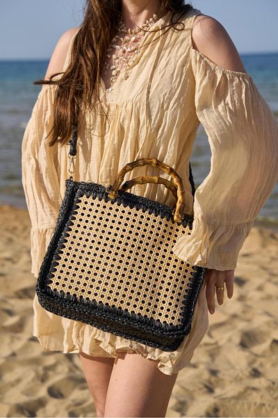 Tina İstanbul Rattan Wicker Bag with Handles Black