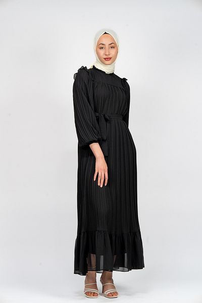 PUANT Women's Black Belted Pleated Hijab Dress