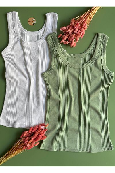 VicTroy Linea, 2-Piece Green and White Color, Ribbed Thick Strap, Cotton Women's Undershirt