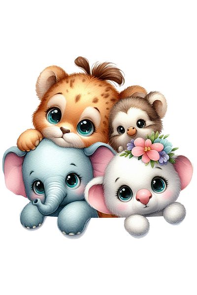 StoryGift Romania Animal Sticker, Illustration, Elephant, Teddy Bear, Tiger, Children, Friendship, Play, Floral