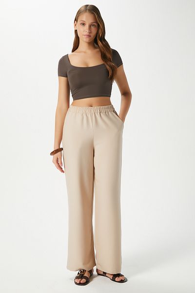 Ritnice Women's Sasha Cool Texture Waist Elastic Mink Palazzo Pants